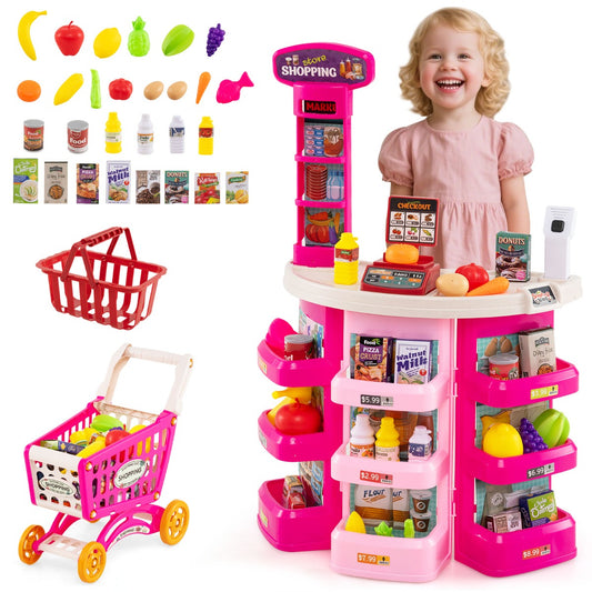 LIVSK Supermarktspeelset voor Kinderen - Inclusief Winkelwagen en 29 Accessoires - Interactieve Kassa met Licht en Geluid -