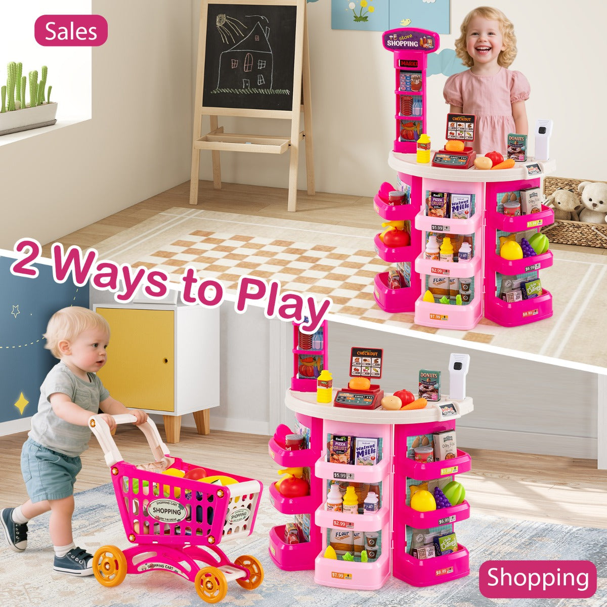 LIVSK Supermarktspeelset voor Kinderen - Inclusief Winkelwagen en 29 Accessoires - Interactieve Kassa met Licht en Geluid -