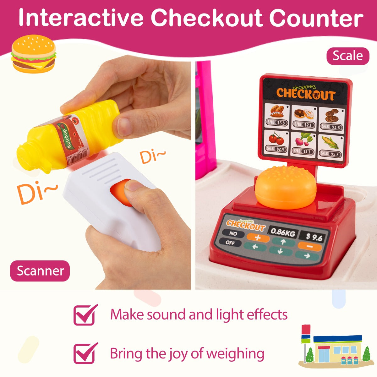 LIVSK Supermarktspeelset voor Kinderen - Inclusief Winkelwagen en 29 Accessoires - Interactieve Kassa met Licht en Geluid -