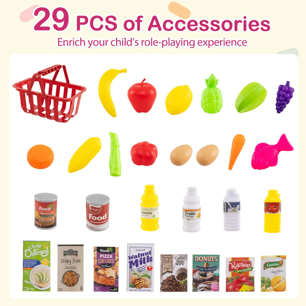 LIVSK Supermarktspeelset voor Kinderen - Inclusief Winkelwagen en 29 Accessoires - Interactieve Kassa met Licht en Geluid -