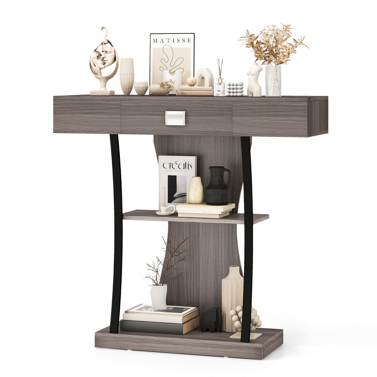 LIVSK T-Vormige Consoletafel met Uittrekbare Lade - Ruim Tafelblad - 2 Niveaus - Stevig en Elegant - 91 x 30 x 88 cm - Grijs/Zwart