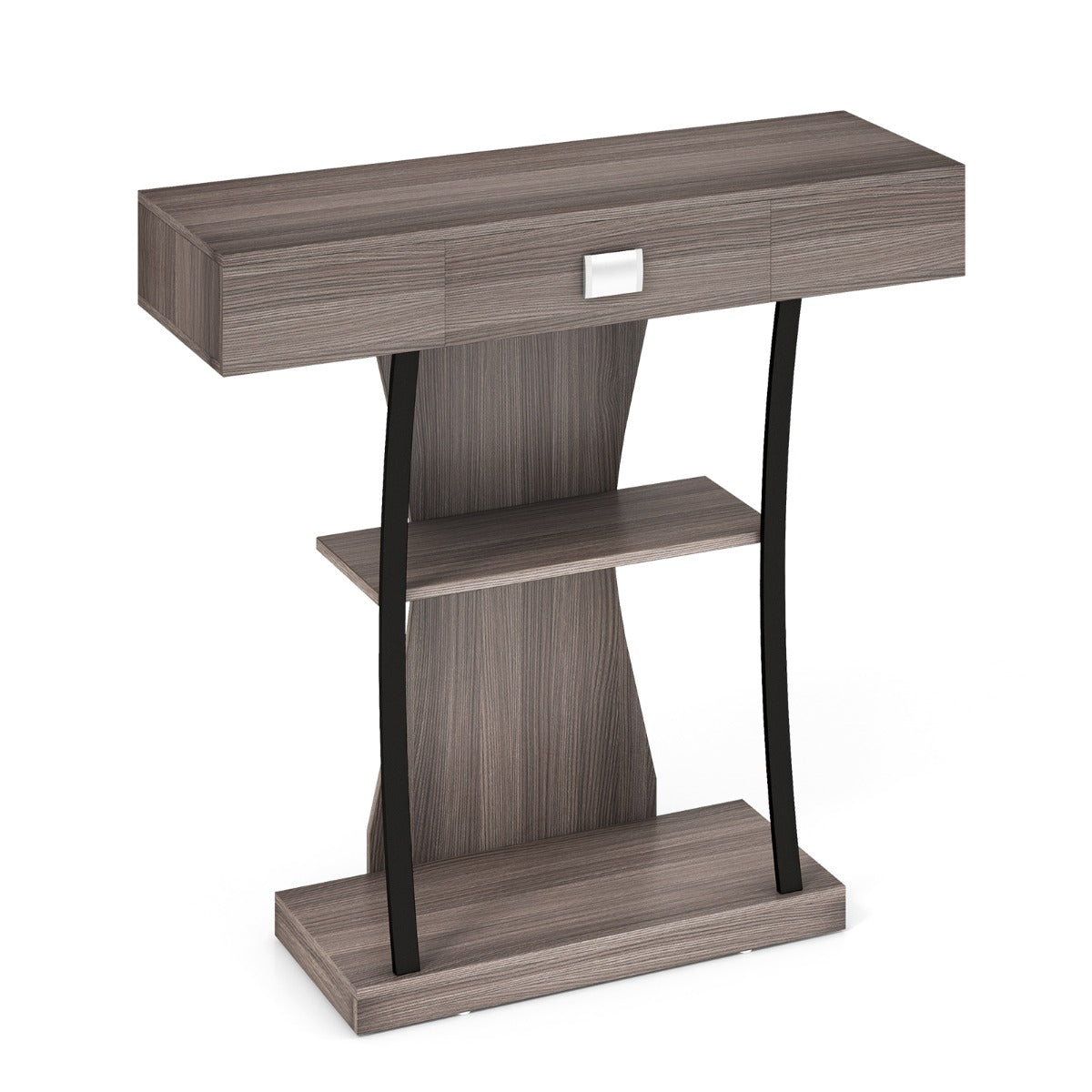 LIVSK T-Vormige Consoletafel met Uittrekbare Lade - Ruim Tafelblad - 2 Niveaus - Stevig en Elegant - 91 x 30 x 88 cm - Grijs/Zwart