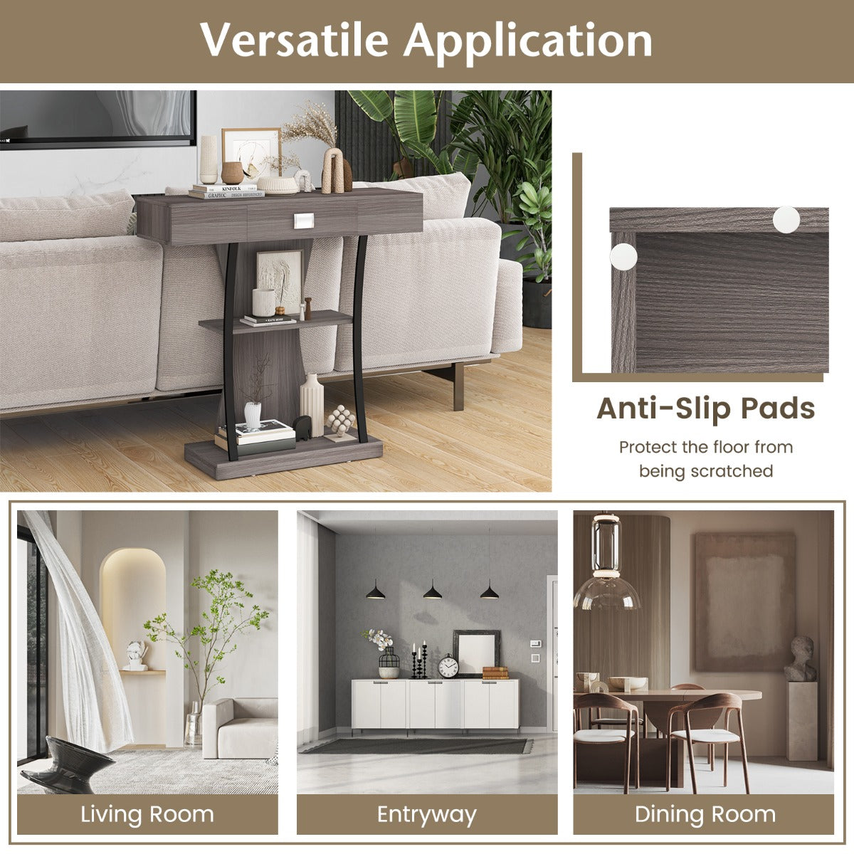 LIVSK T-Vormige Consoletafel met Uittrekbare Lade - Ruim Tafelblad - 2 Niveaus - Stevig en Elegant - 91 x 30 x 88 cm - Grijs/Zwart