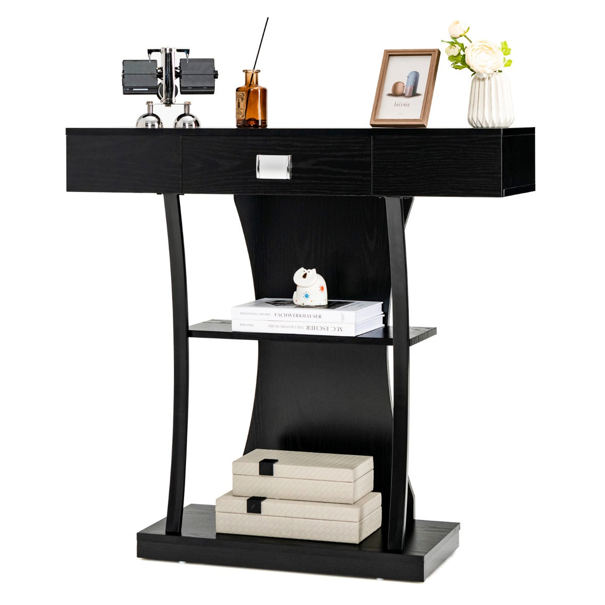 LIVSK T-Vormige Consoletafel met Lade en Open Plank - Stevig en Ruimtebesparend - Voor Woonkamer - 91 x 30 x 88 cm - Grijs/Zwart