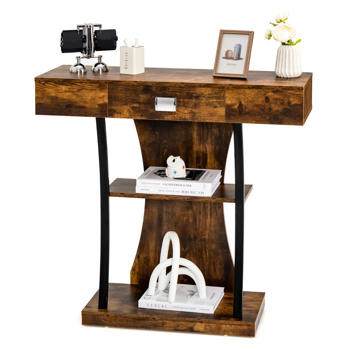 LIVSK Foyertafel - T-vormig Frame - 2 Niveaus - Antislip - Eenvoudige Montage - 30 kg Belastbaar - Rustiek Bruin