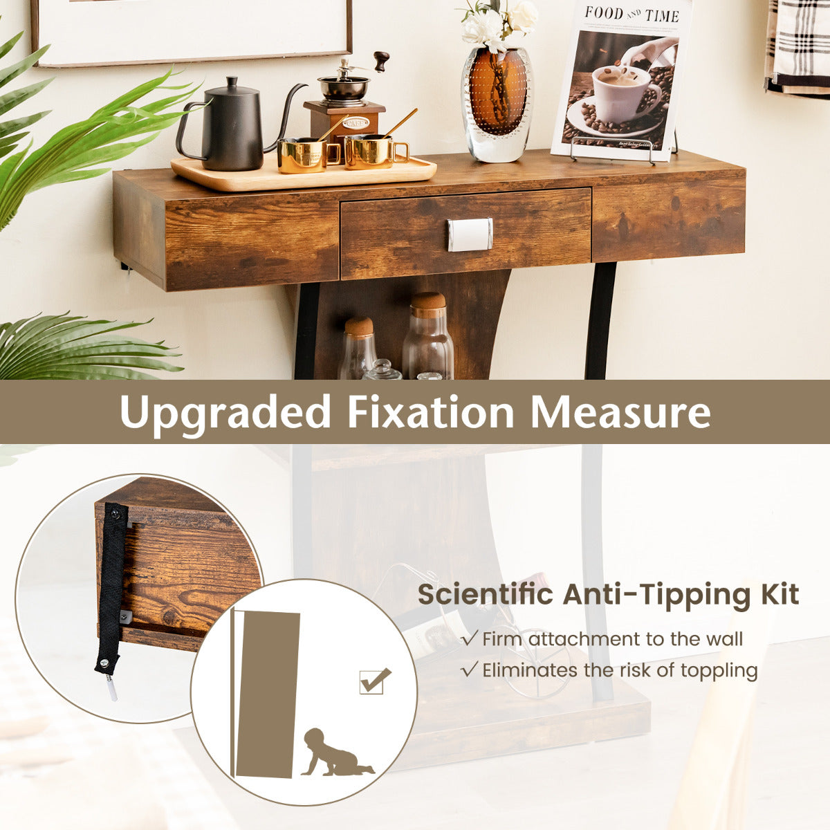 LIVSK Foyertafel - T-vormig Frame - 2 Niveaus - Antislip - Eenvoudige Montage - 30 kg Belastbaar - Rustiek Bruin