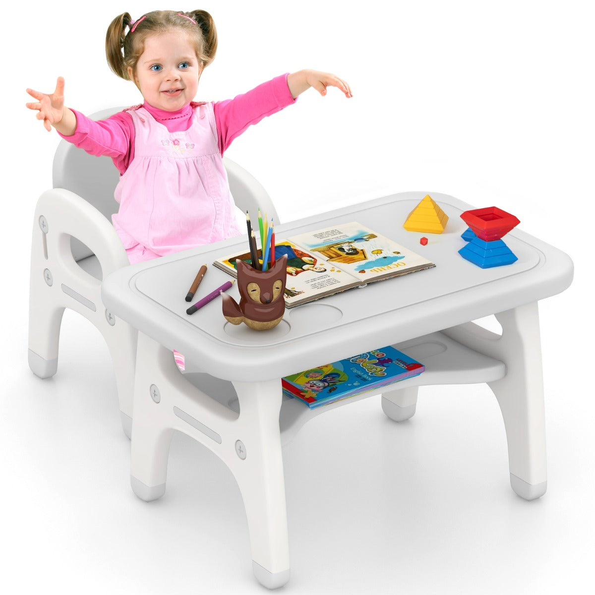 LIVSK Dinosaurus Tafel en Stoel Set - Ergonomisch en Stevig - Niet-giftig HDPE - Voor Kinderen 1-5 jaar - Wit + Grijs