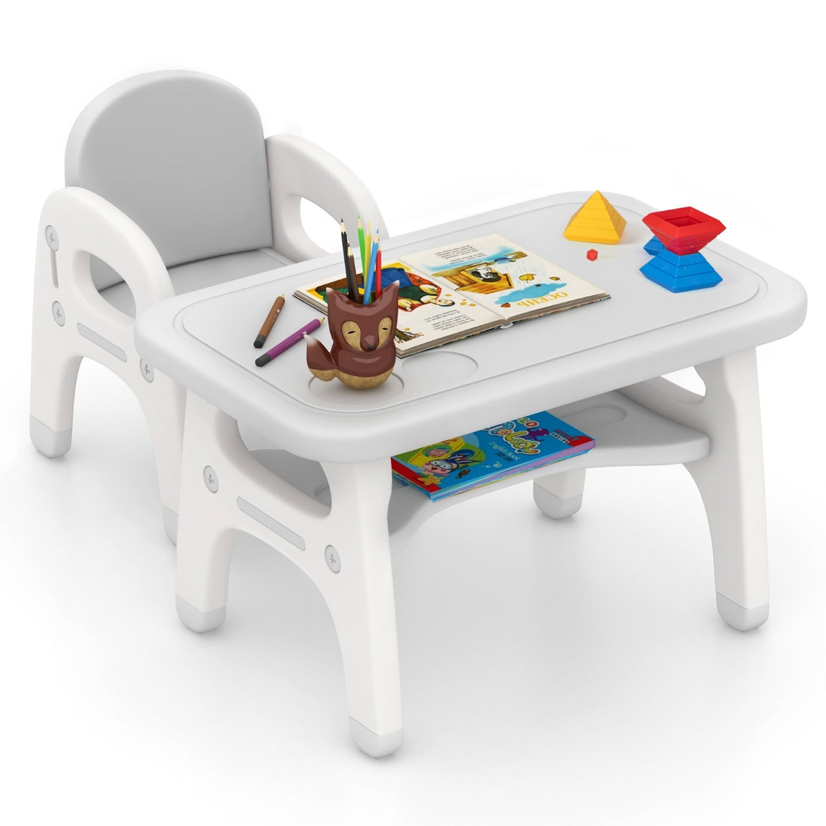 LIVSK Dinosaurus Tafel en Stoel Set - Ergonomisch en Stevig - Niet-giftig HDPE - Voor Kinderen 1-5 jaar - Wit + Grijs