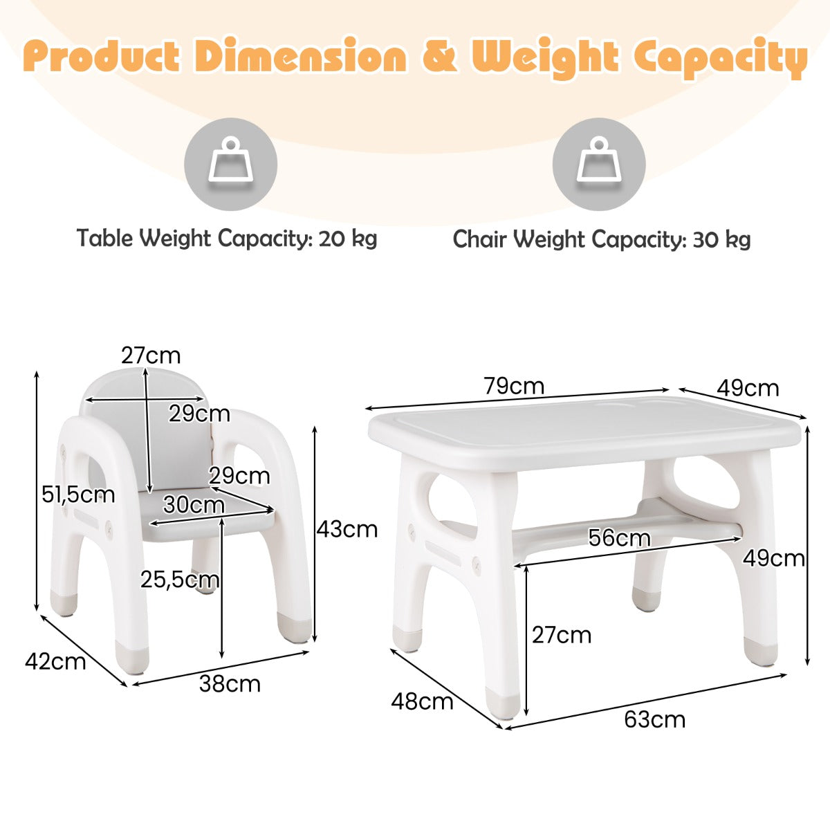 LIVSK Dinosaurus Tafel en Stoel Set - Ergonomisch en Stevig - Niet-giftig HDPE - Voor Kinderen 1-5 jaar - Wit + Grijs