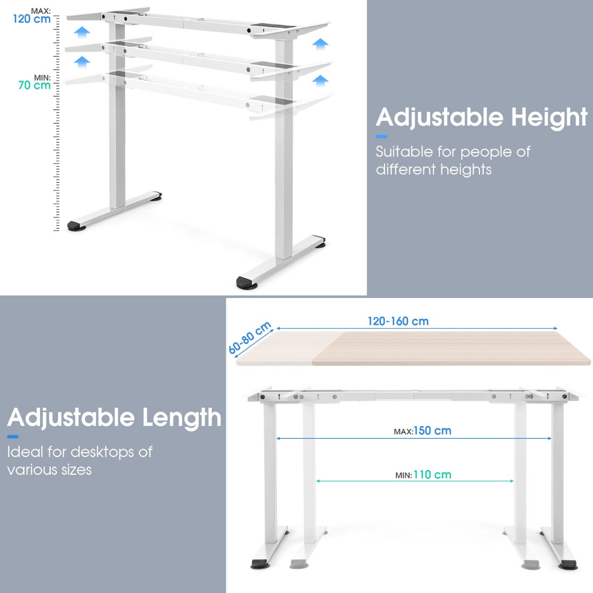 LIVSK Elektrisch Sta-Bureau Frame - Dubbele Motor - Geheugenfunctie - Antibotsing - Tot 80 kg - 109-151 x 59 x 72-120 cm - Wit