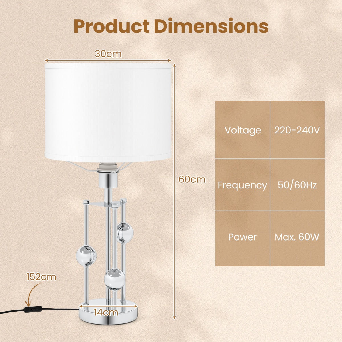 Livsk costway tafellamp nachtlampje bureaulamp met e27 fitting lampenkap van linnen en decoratieve bolletjes moderne nachtlamp