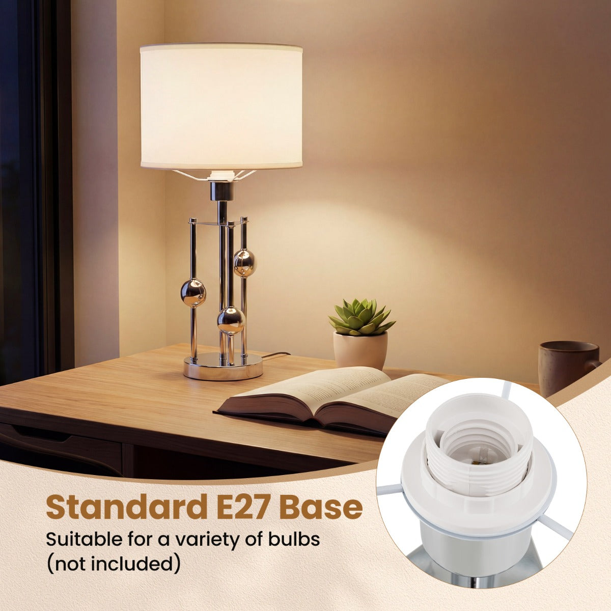 Livsk costway tafellamp nachtlampje bureaulamp met e27 fitting lampenkap van linnen en decoratieve bolletjes moderne nachtlamp