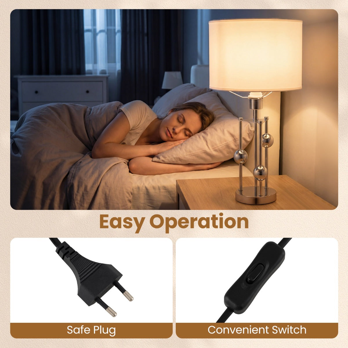 Livsk costway tafellamp nachtlampje bureaulamp met e27 fitting lampenkap van linnen en decoratieve bolletjes moderne nachtlamp