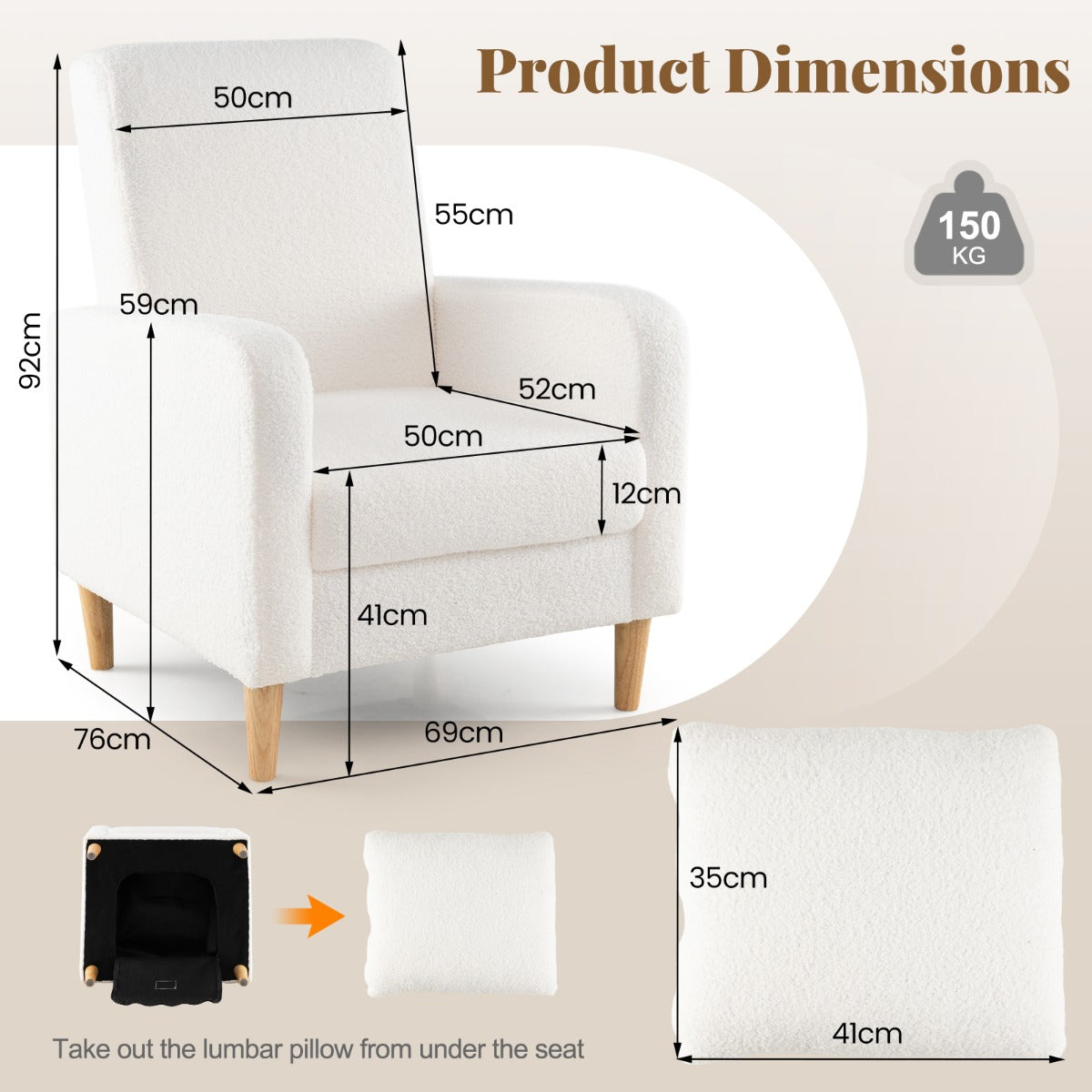 LIVSK Gevoerde Accentstoel - Ergonomisch Ontwerp met Afneembaar Lendenkussen - Massief Rubberhout - Tot 150 kg - Beige + Natuur