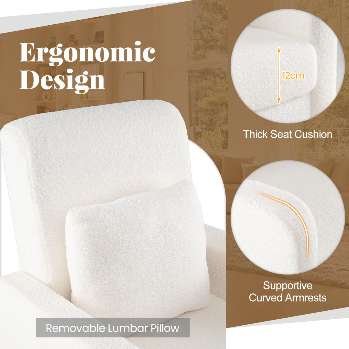 LIVSK Gevoerde Accentstoel - Ergonomisch Ontwerp met Afneembaar Lendenkussen - Massief Rubberhout - Tot 150 kg - Beige + Natuur