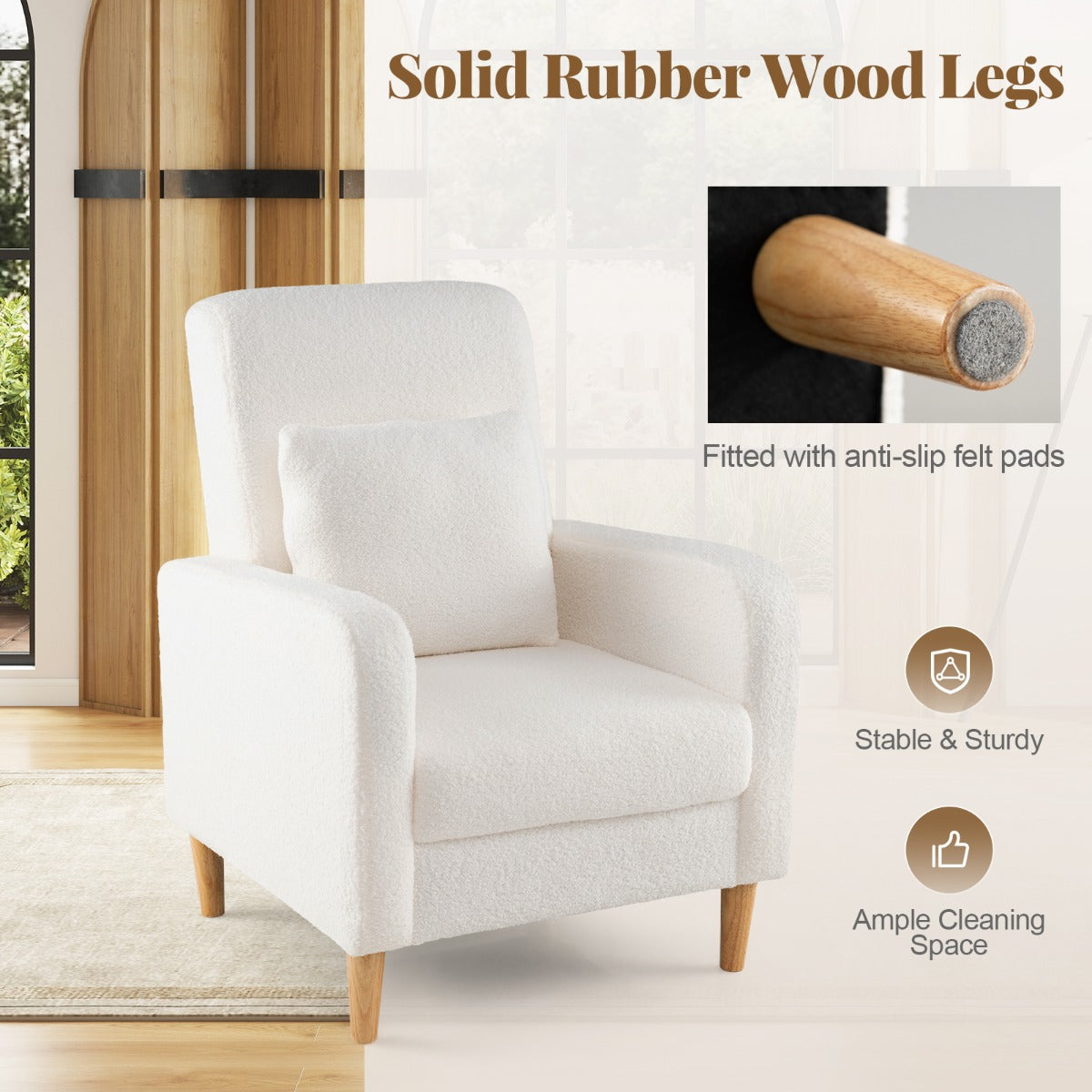 LIVSK Gevoerde Accentstoel - Ergonomisch Ontwerp met Afneembaar Lendenkussen - Massief Rubberhout - Tot 150 kg - Beige + Natuur