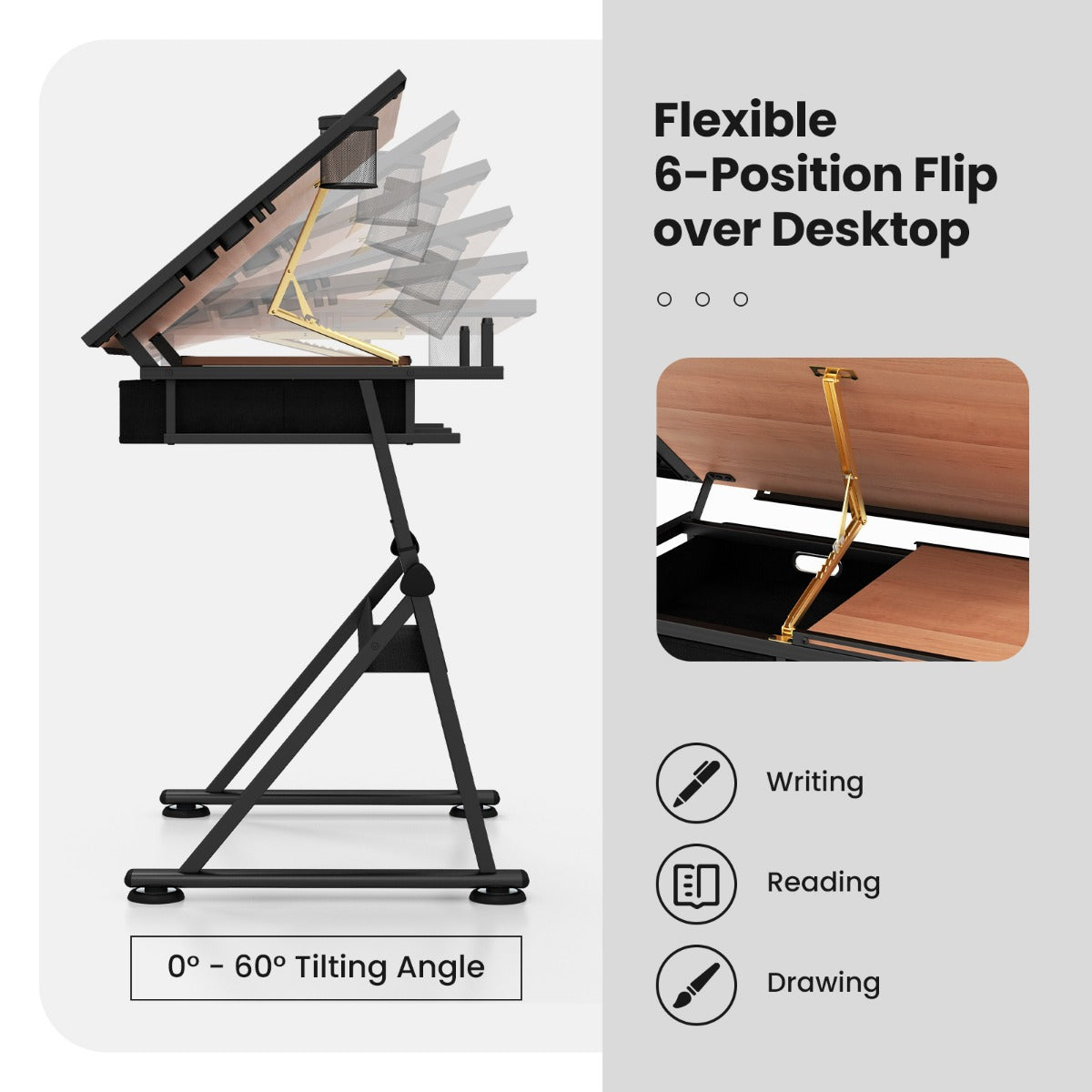 LIVSK Multifunctionele Tekentafel - Verstelbaar en Kantelbaar - 2 Lades en Legplank - Inclusief Kruk - Bruin en Zwart