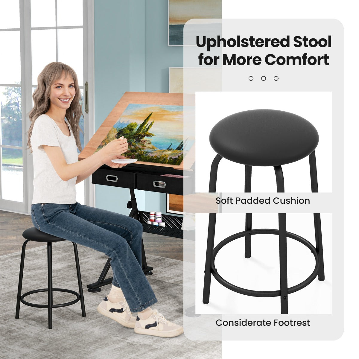 LIVSK Multifunctionele Tekentafel - Verstelbaar en Kantelbaar - 2 Lades en Legplank - Inclusief Kruk - Bruin en Zwart