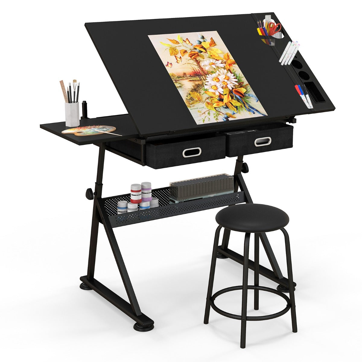 LIVSK Multifunctionele Tekentafel met Kruk - Hoogwaardig MDF - Verstelbare Hoogte 115 x 60 x (65-90,5) cm - Kantelbaar 0-60° -