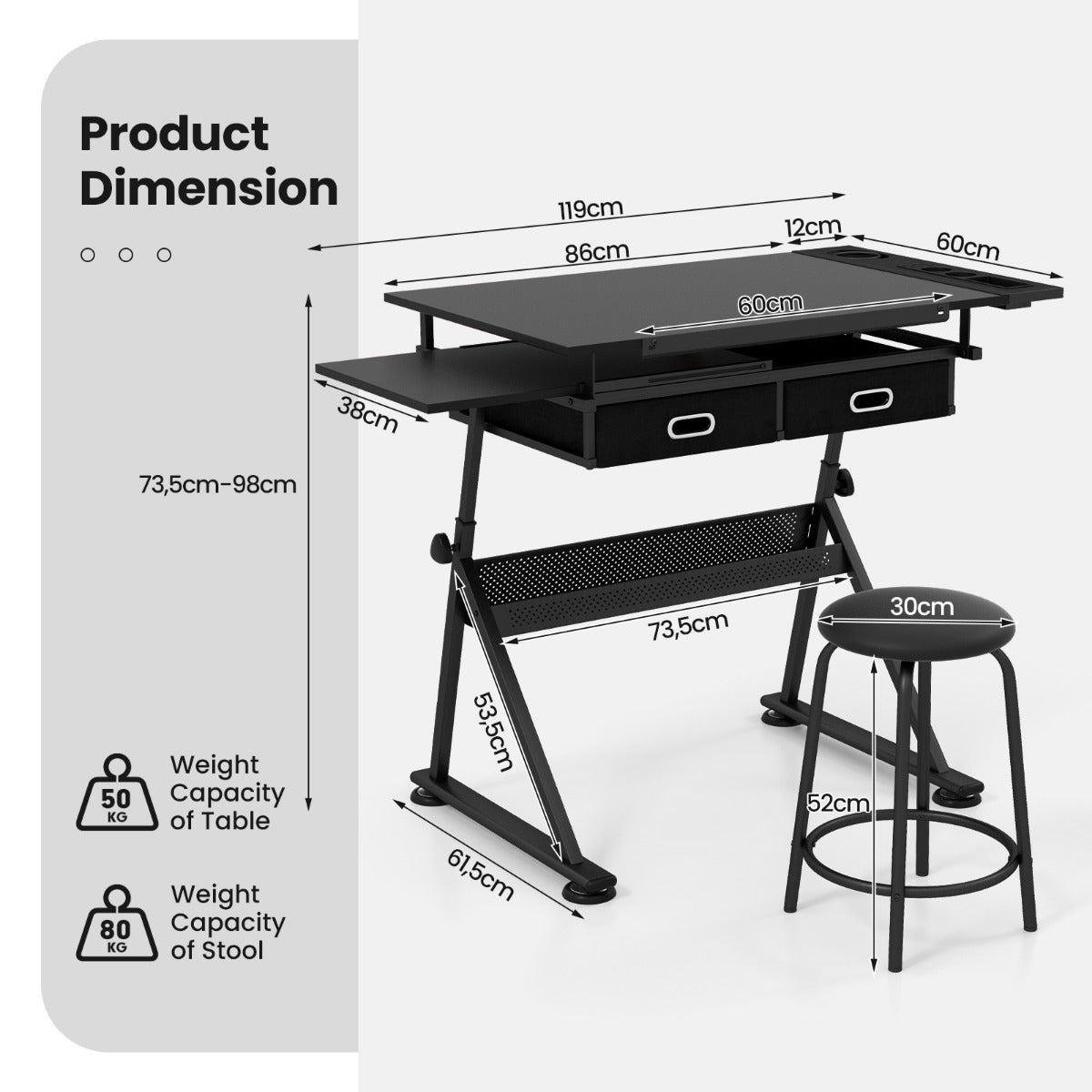 LIVSK Multifunctionele Tekentafel met Kruk - Hoogwaardig MDF - Verstelbare Hoogte 115 x 60 x (65-90,5) cm - Kantelbaar 0-60° -