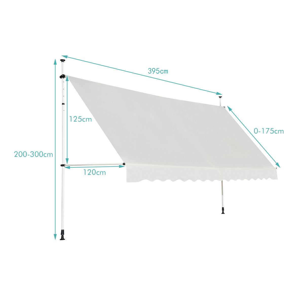 LIVSK Intrekbare Zonneluifel - Waterdicht en Verstelbaar - Hoogte 200-300 cm - Breedte 395 cm - Aluminium en Oxford - Beige