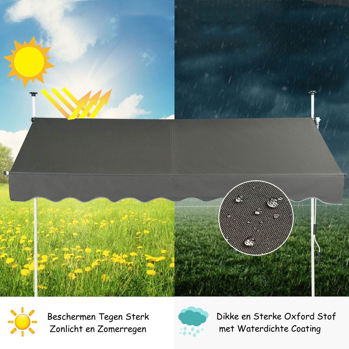 LIVSK Intrekbare Zonneluifel - Waterdicht - Aluminium Frame - Verstelbaar van 200-300 cm - Geschikt voor Balkon en Terras - Grijs