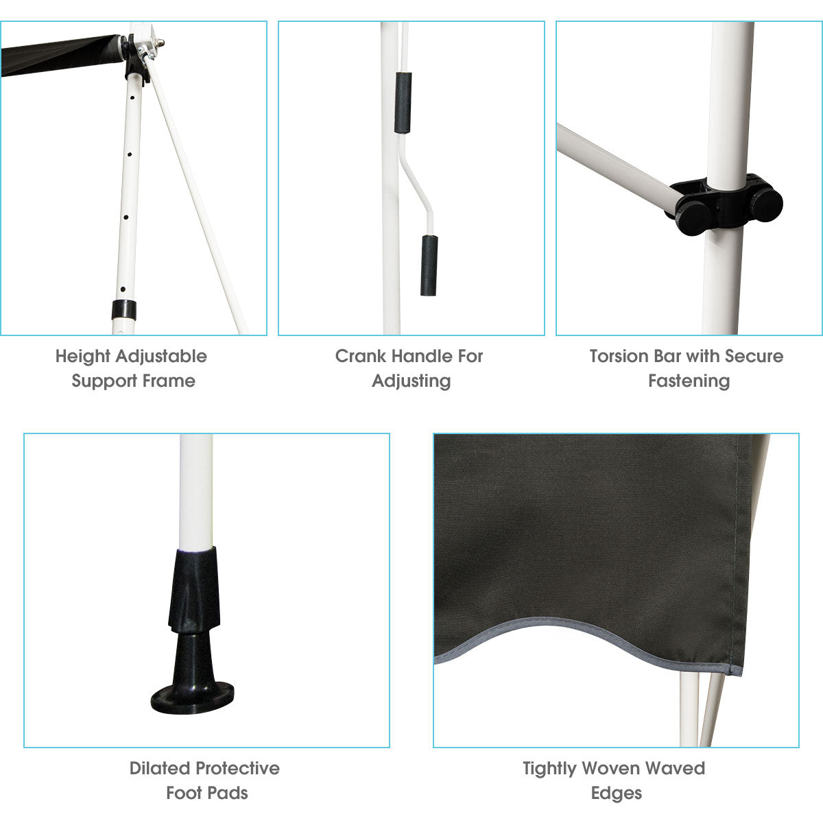 LIVSK Intrekbare Zonneluifel - Waterdicht met Aluminium Frame - Verstelbare Hoogte en Hoek - 250 x 120 cm - Grijs