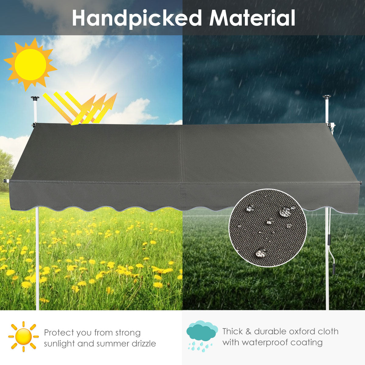 LIVSK Intrekbare Zonneluifel - Waterdicht met Aluminium Frame - Verstelbare Hoogte en Hoek - 250 x 120 cm - Grijs