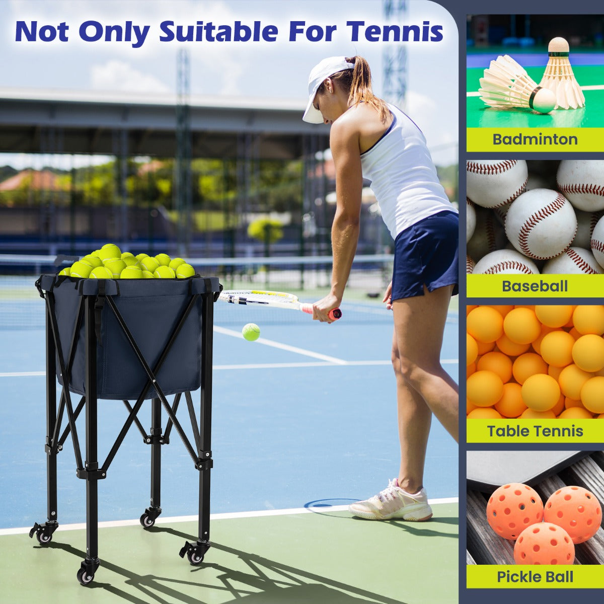 LIVSK Opvouwbare Tennisbalwagen - Lichtgewicht Aluminium - Tot 150 Tennisballen - Vergrendelbare Wielen - Zwart + Blauw