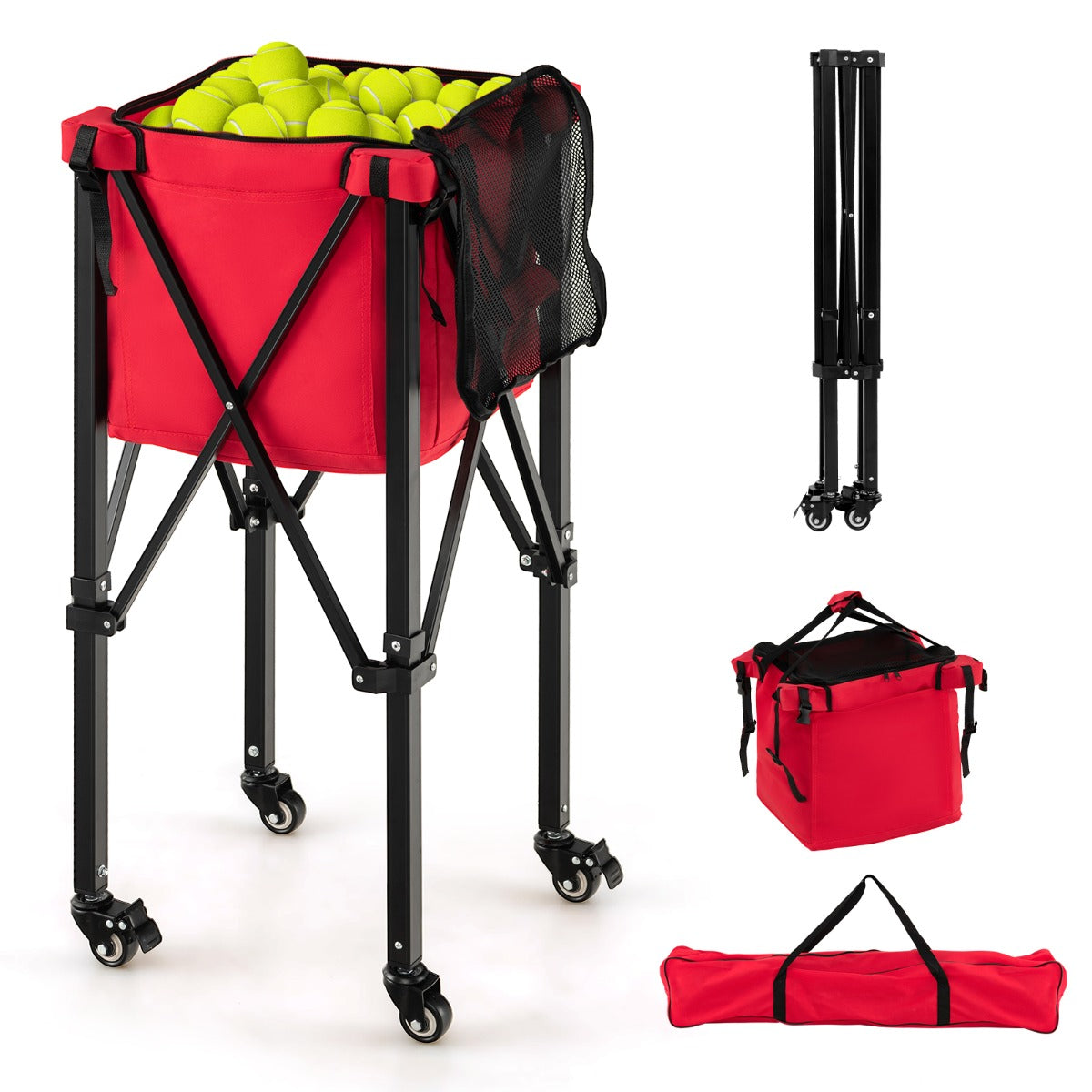 LIVSK Opvouwbare Tennisbalwagen - Lichtgewicht Aluminium - Tot 150 Tennisballen - Inclusief Draagtas - Rood