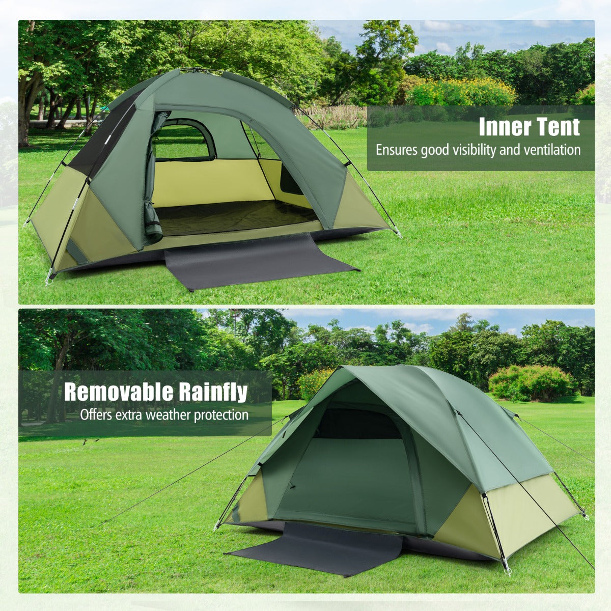 LIVSK Lichtgewicht Campingtent voor 2 Personen - Waterdicht met Afneembare Regenhoes - Ventilerend en Winddicht - Groen