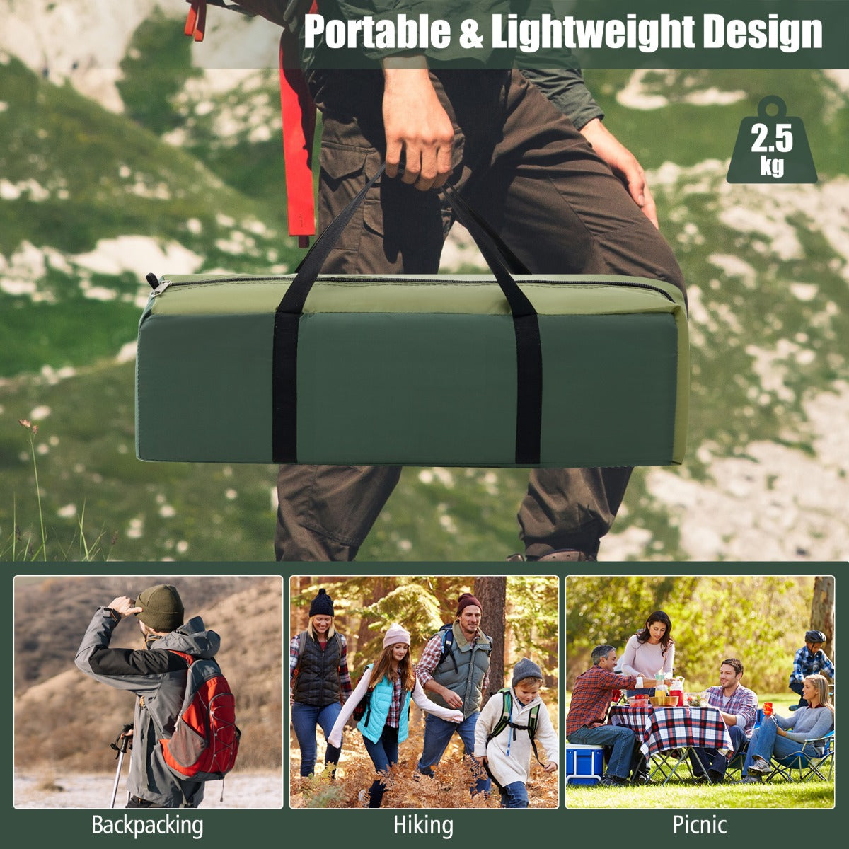 LIVSK Lichtgewicht Campingtent voor 2 Personen - Waterdicht met Afneembare Regenhoes - Ventilerend en Winddicht - Groen