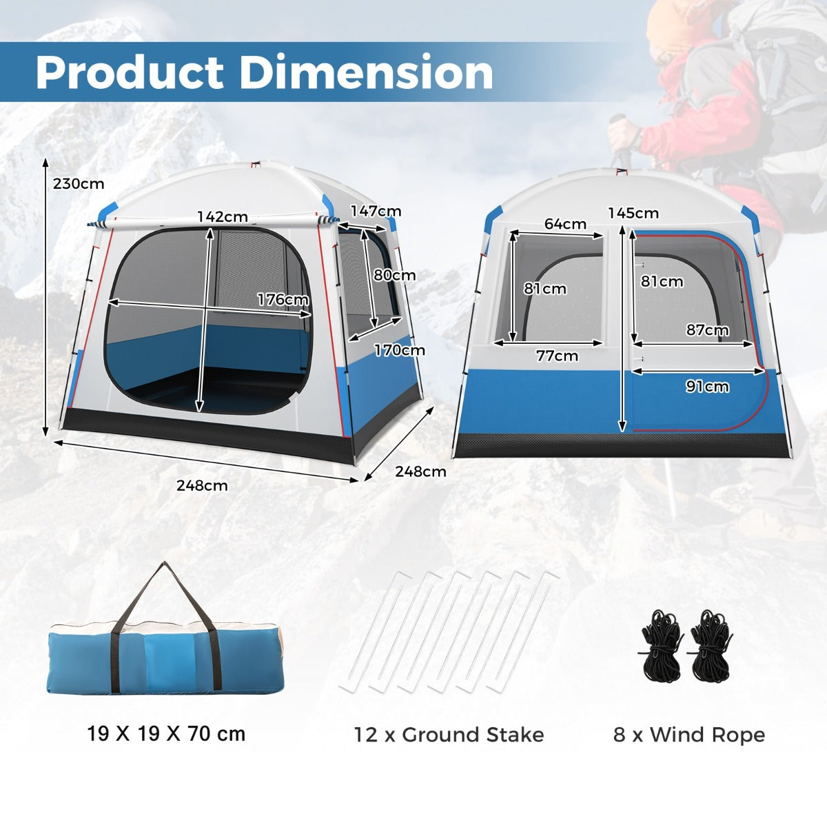 LIVSK Grote Familietent voor 5 Personen - Waterdicht en Scheurvast - 3 Mesh-Ramen - 2 Deuren - 248 x 248 x 230 cm - Blauw en wit