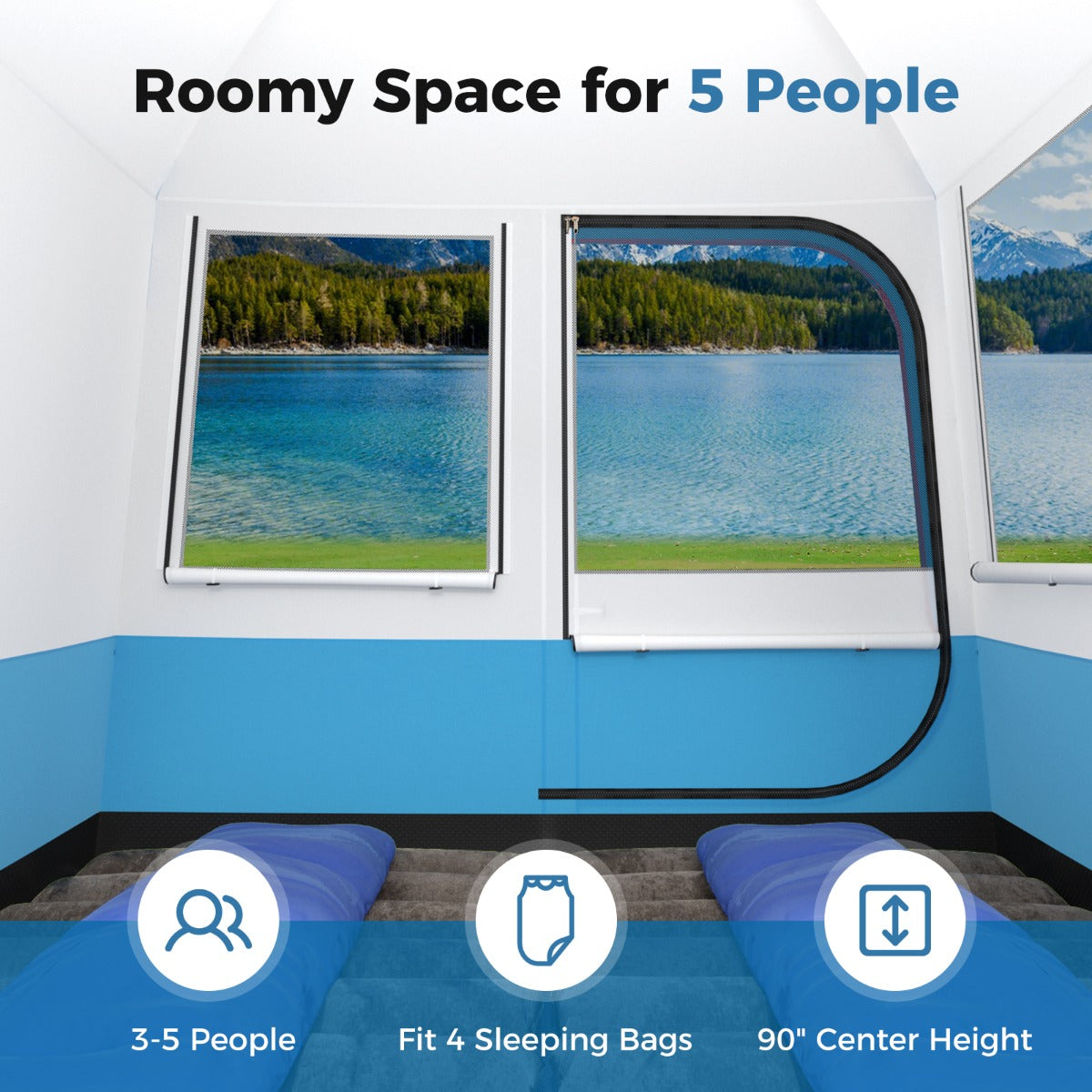 LIVSK Grote Familietent voor 5 Personen - Waterdicht en Scheurvast - 3 Mesh-Ramen - 2 Deuren - 248 x 248 x 230 cm - Blauw en wit