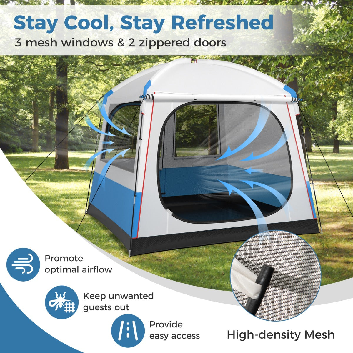 LIVSK Grote Familietent voor 5 Personen - Waterdicht en Scheurvast - 3 Mesh-Ramen - 2 Deuren - 248 x 248 x 230 cm - Blauw en wit