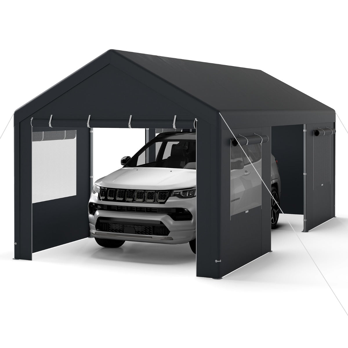 Livsk costway tentgarage 305 x 586 cm opslagtent met oprolbare geventileerde ramen en afneembare zijwanden donkergrijs