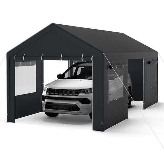 Livsk costway tentgarage 305 x 586 cm opslagtent met oprolbare geventileerde ramen en afneembare zijwanden donkergrijs