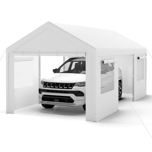 Livsk costway tentgarage 305 x 586 cm opslagtent met oprolbare geventileerde ramen en afneembare zijwanden wit