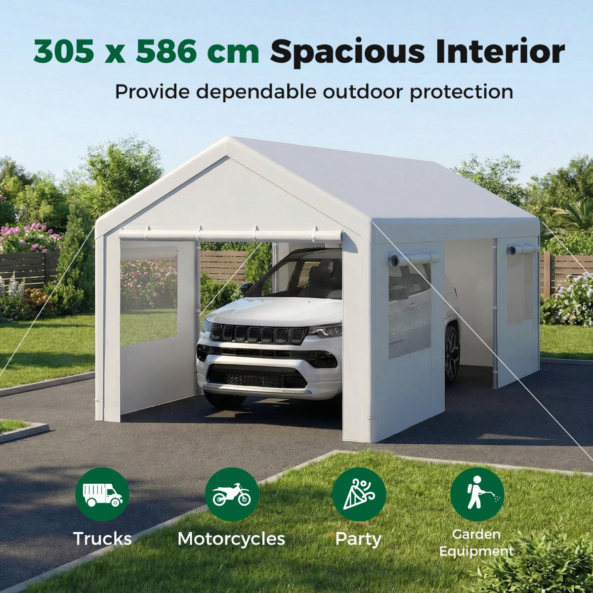 Livsk costway tentgarage 305 x 586 cm opslagtent met oprolbare geventileerde ramen en afneembare zijwanden wit