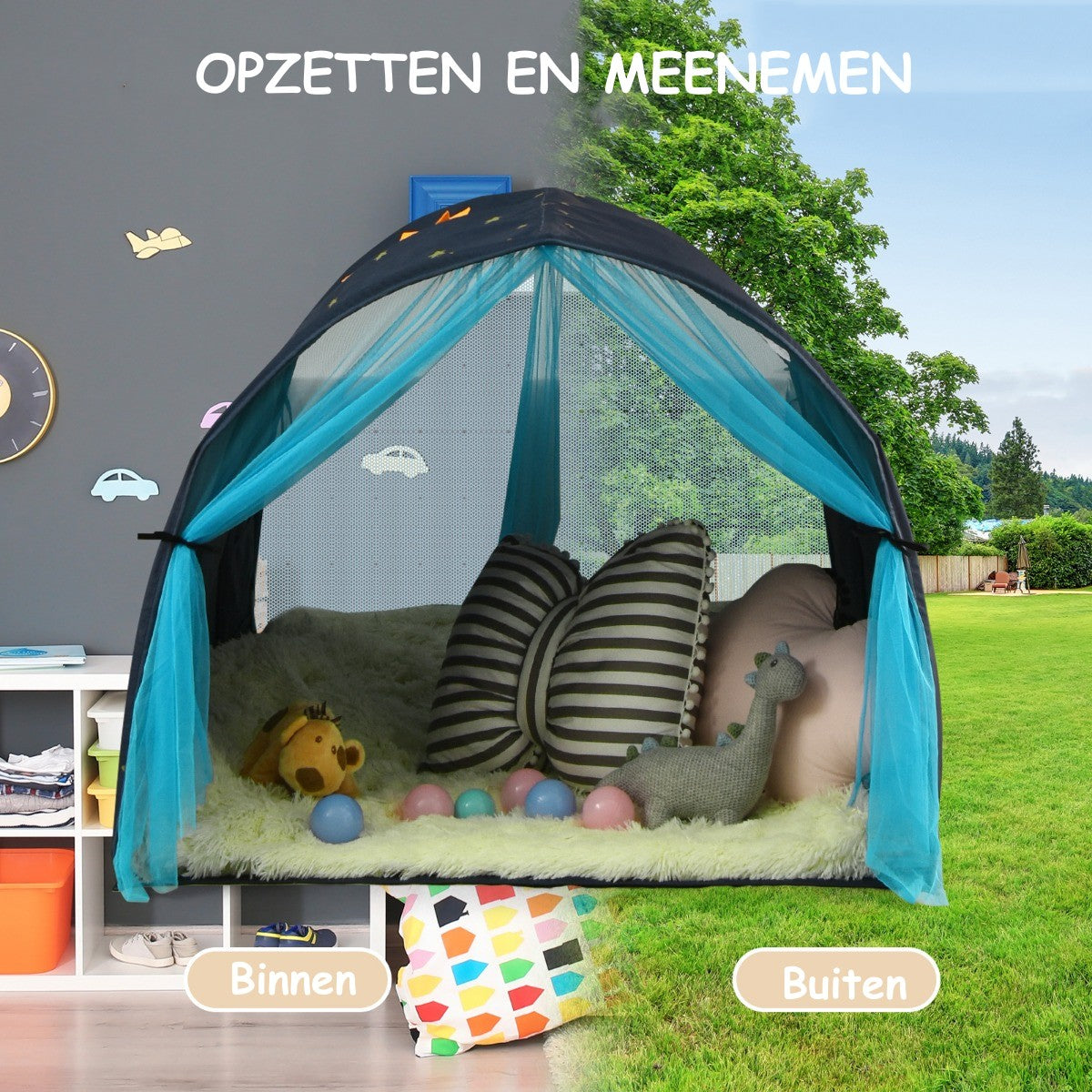 LIVSK Speeltent voor Kinderen - Multifunctioneel met Gordijnen en Opbergvakken - Eenvoudige Montage - Blauw