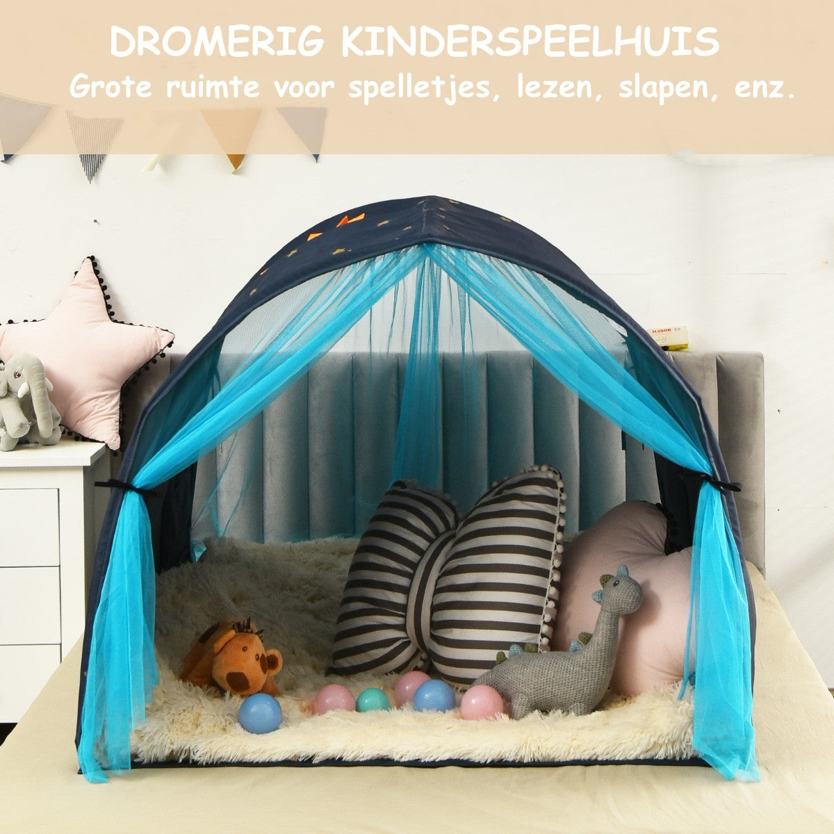 LIVSK Speeltent voor Kinderen - Multifunctioneel met Gordijnen en Opbergvakken - Eenvoudige Montage - Blauw