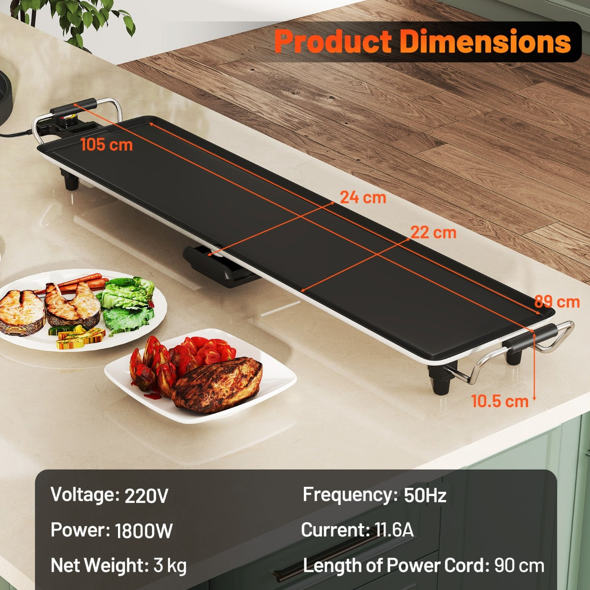 LIVSK Elektrische Tafelgrillplaat - 1800W Vermogen - 4 Temperatuurinstellingen - Inclusief Eierringen en Spatels - 90 x 22 cm -
