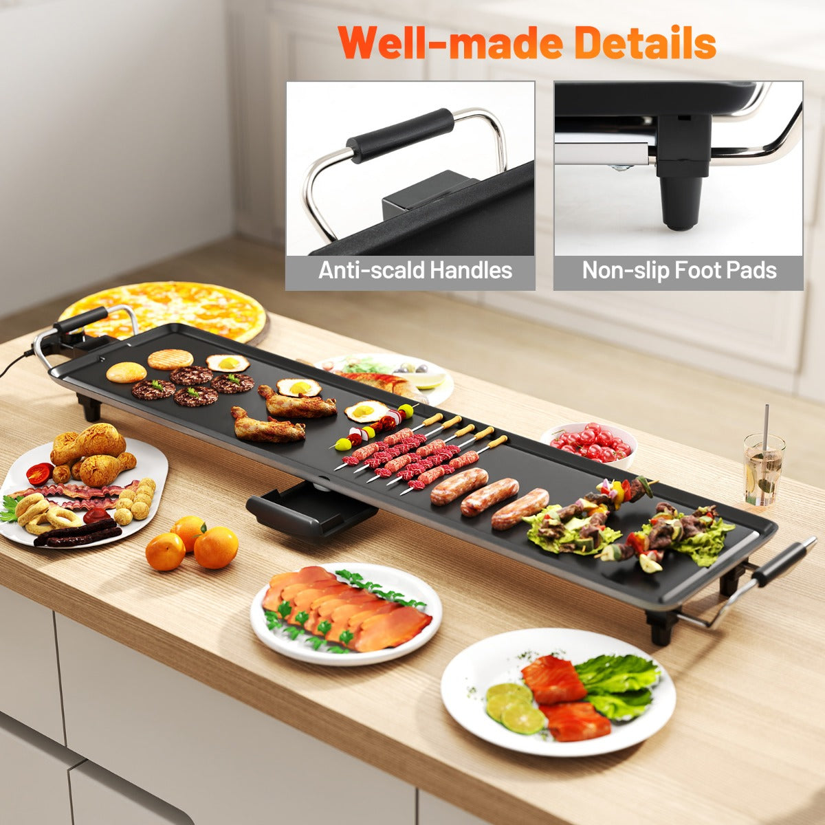 LIVSK Elektrische Tafelgrillplaat - 1800W Vermogen - 4 Temperatuurinstellingen - Inclusief Eierringen en Spatels - 90 x 22 cm -