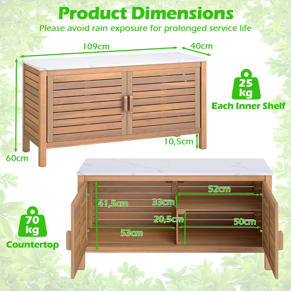 LIVSK Tuinopbergkast - Kunstmarmeren Blad - Flexibele Planken - Massief Acaciahout - Tot 70 kg - 109 x 40 x 60 cm - Natuurlijk/Wit