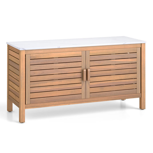 LIVSK Tuinopbergkast - Kunstmarmeren Blad - Flexibele Planken - Massief Acaciahout - Tot 70 kg - 109 x 40 x 60 cm - Natuurlijk/Wit