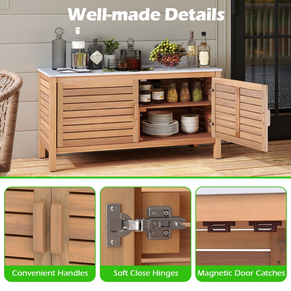 LIVSK Tuinopbergkast - Kunstmarmeren Blad - Flexibele Planken - Massief Acaciahout - Tot 70 kg - 109 x 40 x 60 cm - Natuurlijk/Wit