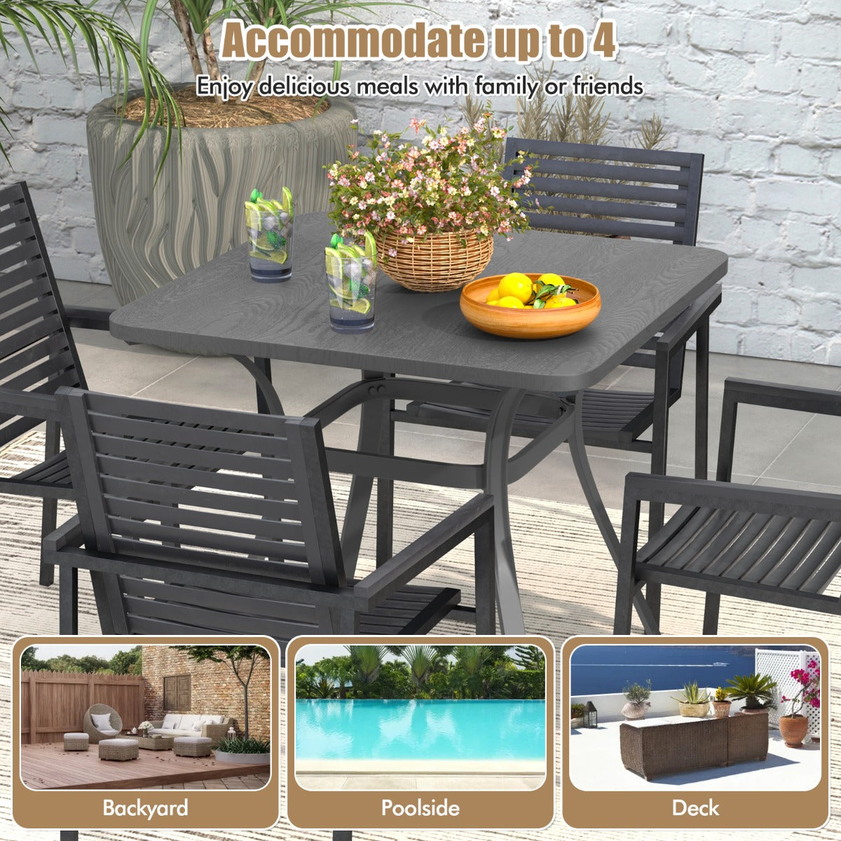 LIVSK Terrastafel voor 4 Personen - Duurzaam Metaal - Stabiele Constructie - Elegante Houtachtige Textuur - 80 x 80 x 73 cm -