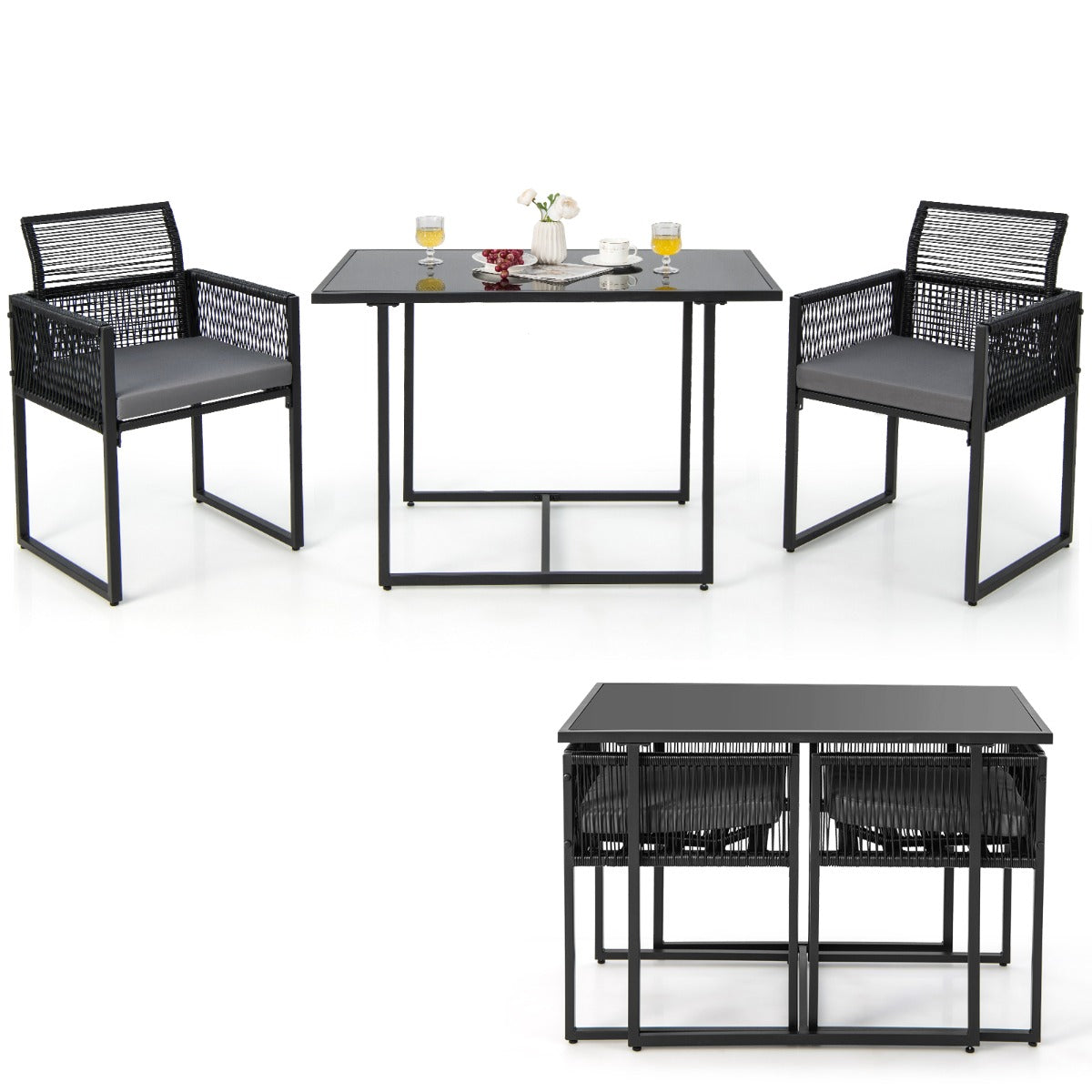 LIVSK 3-delige Terras-eetset - Ruime Tafel van Gehard Glas 108 cm - Comfortabele Stoelen met Kussens - Ruimtebesparend - Zwart