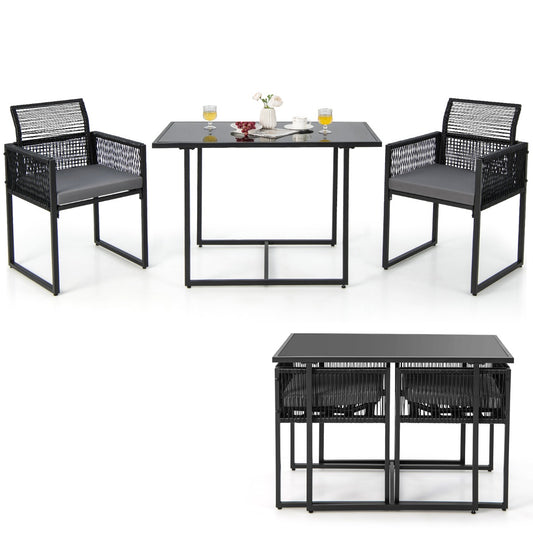 LIVSK 3-delige Terras-eetset - Ruime Tafel van Gehard Glas 108 cm - Comfortabele Stoelen met Kussens - Ruimtebesparend - Zwart