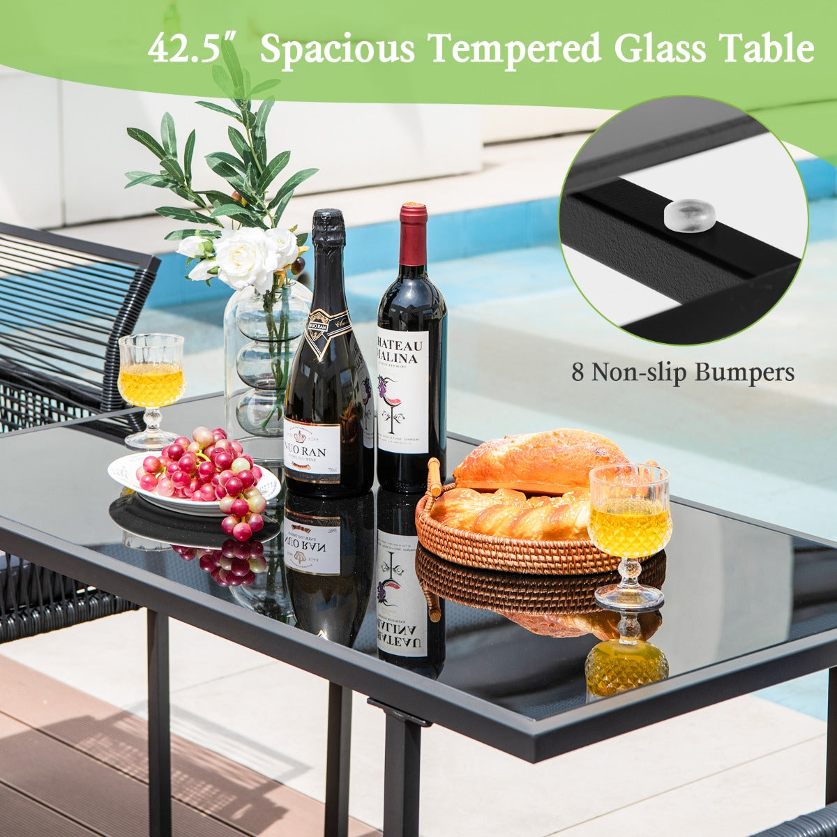 LIVSK 3-delige Terras-eetset - Ruime Tafel van Gehard Glas 108 cm - Comfortabele Stoelen met Kussens - Ruimtebesparend - Zwart